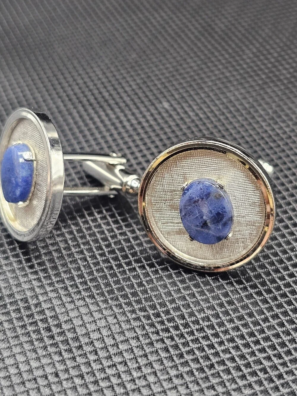 Vintage Silver Tone Cufflinks with Blue Stone Inlay